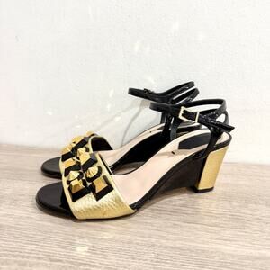 Fendi Studded Metallic & Patent Leather Heeled Sandals Black/Gold Womens EU 37.5
